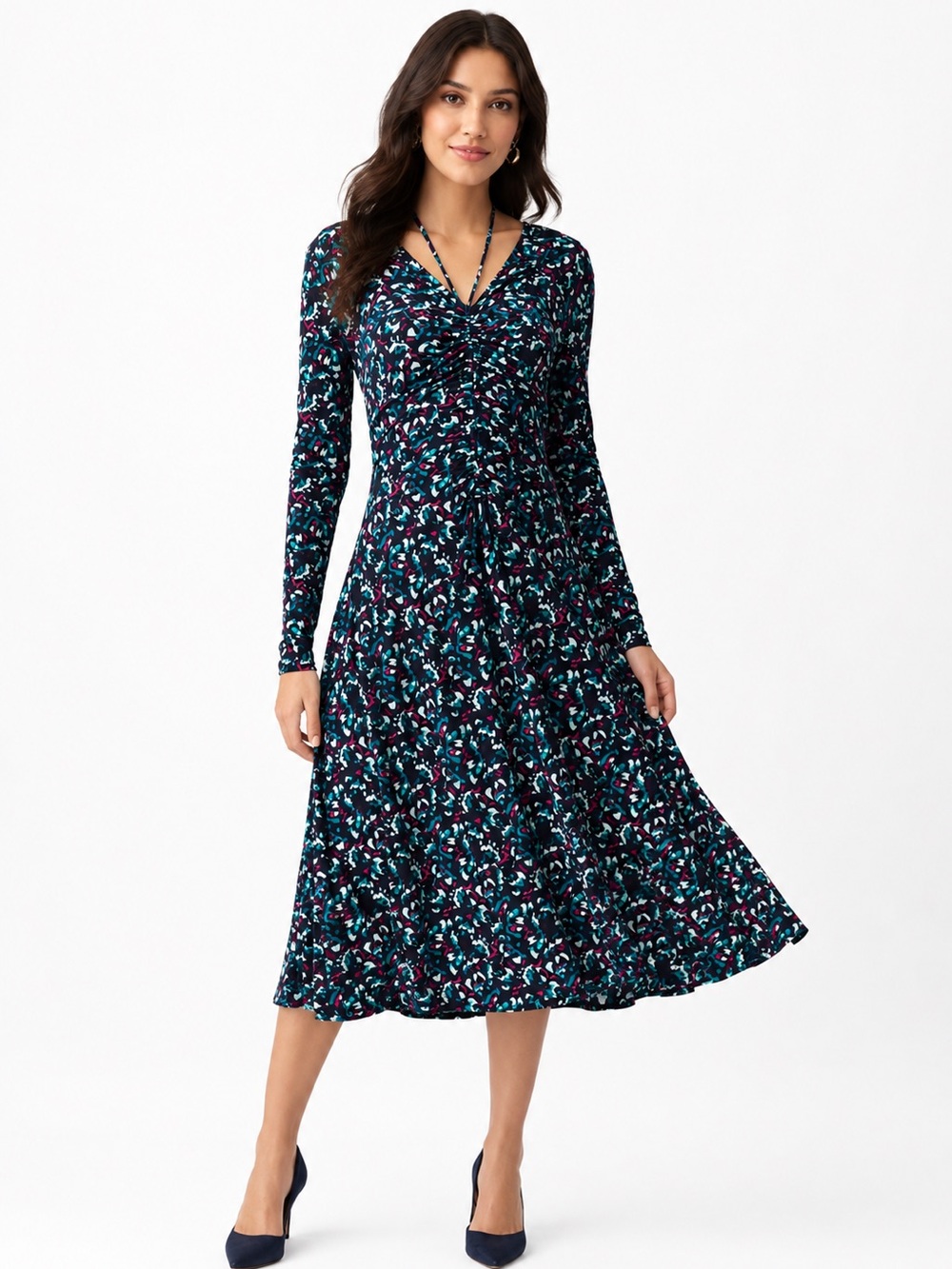 WHBM White House Black Market Ruched Front Abstract Print Midi Dress